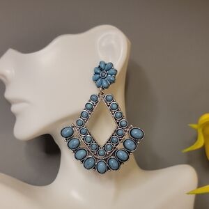 Boho Blue Silver Western Turquiose Statement Earrings